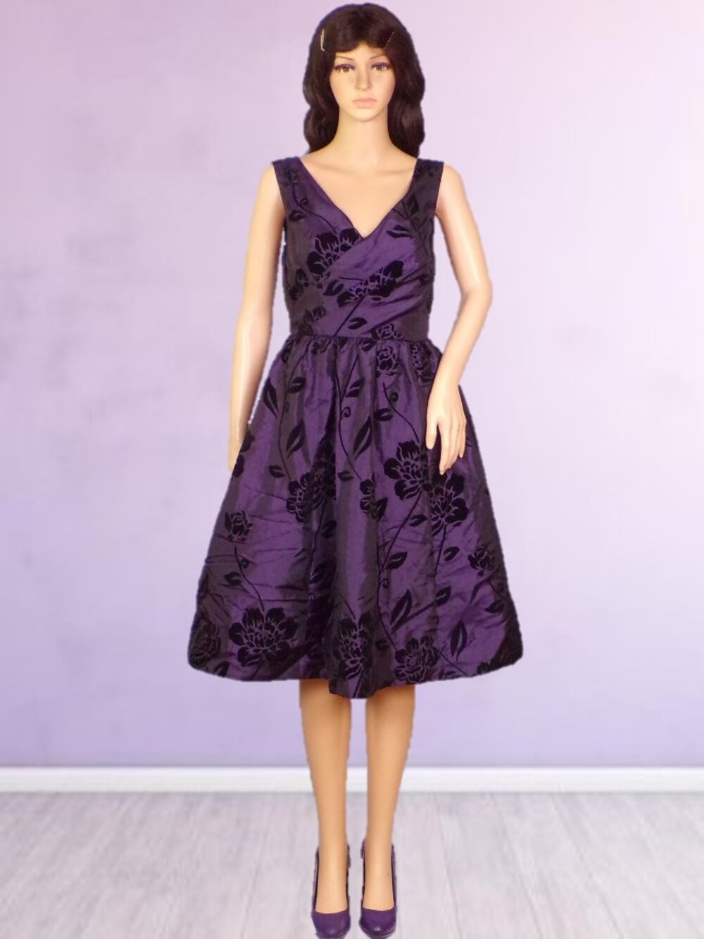 MODCLOTH size S purple satin/black velvet floral sleeveless fit/flare dress DC